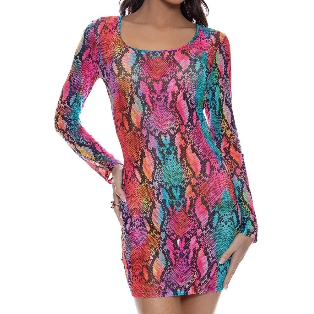 Designer Neon Animal Print Mini Dress Medium Luli Fama Miami Rainbow Skin Snake